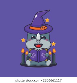 Witch rhino reading spell book. Cute halloween cartoon illustration. 