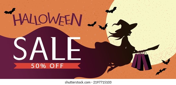 Witch rides a broom on the way to go shopping. Flying on the sky at night against moon and bats. Halloween sale banner, vector illustration.