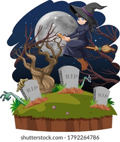 Witch rides broomstick across the tomb isolated on white background  illustration