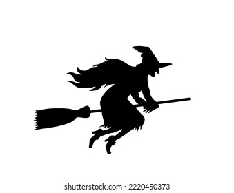 Witch rides a broomstick in flight vector silhouette illustration isolated on white. Halloween, bogeyman. Walpurgis night. Black magic lady. Horror and horrible nightmare. Night legend and fairy tale.