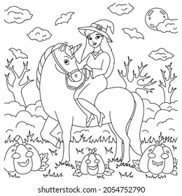 The witch rides a unicorn. Coloring book page for kids. Cartoon style character. Vector illustration isolated on white background. Halloween theme.