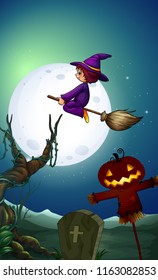 A witch riding bloom at night illustration
