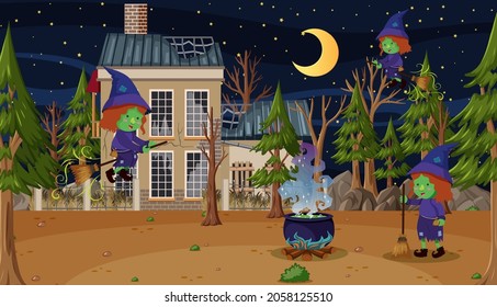 Witch riding a broom in front of haunted house in the woods illustration