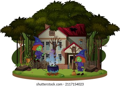 Witch riding a broom in front of haunted house in the woods illustration