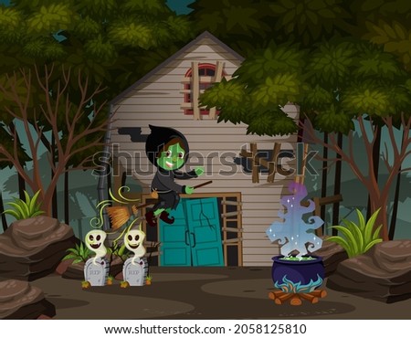 Witch riding a broom in front of haunted house in the woods illustration