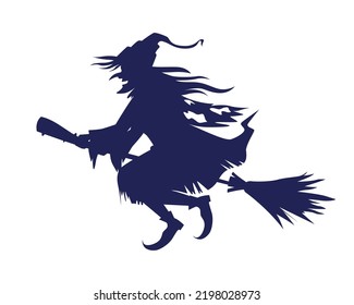 Witch riding broom semi flat color vector character. Editable figure. Full body person on white. Folklore character simple cartoon style illustration for web graphic design and animation