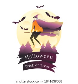 The witch riding a broom through the full moon, bat and forest in background. Halloween day. Halloween concept. Vector illustration.