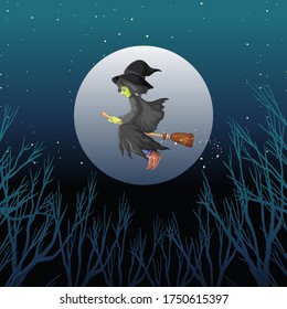 Witch riding broomstick cartoon style on dark sky background illustration