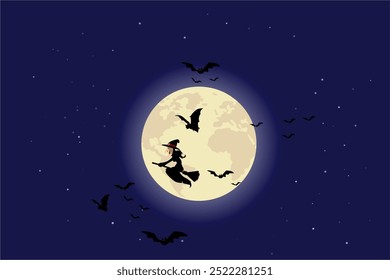 Bruja montando un palo de escoba flotando en el cielo en la noche de Halloween. Una bandada de murciélagos volaba en medio de la luz de la luna que brillaba desde la luna Grande.
