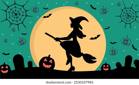 A witch is riding a broomstick in front of a moon and a graveyard. The graveyard is full of pumpkins and bats