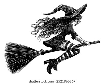 witch riding broomstick isolated on white background halloween hand drawn sketch card design element ink line art detailed vector illustration season holiday design object