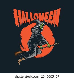 witch riding a magic broom halloween illustration