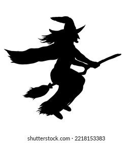 Witch riding magic broom silhouette, halloween concept
