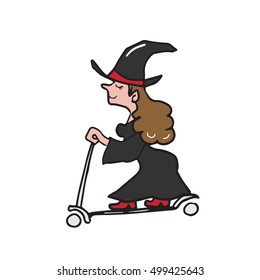 Witch riding scooter cartoon drawing