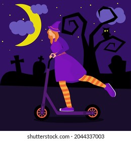 Witch riding a scooter  at halloween night near cemetery.