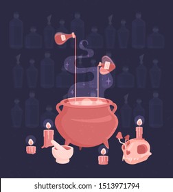 Witch ritual set. A potion is brewed in the cauldron, poisons and candles are standing around, a skull with mushrooms from the eye.  Background of a bottle of potions. Flat vector illustration.