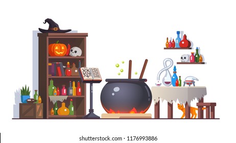 Witch Room With Boiling Poison Potion Cauldron, Cupboard, Potion Flasks, Cats, Magic Book On Stand, Retort, Table. Magician Interior With Magic Accessories. Halloween Clipart. Flat Vector Illustration