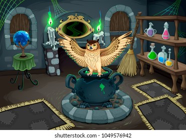 The Witch Room With Owl. Vector Cartoon Illustration For Halloween And Games.