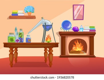 Witch Room With Potion In Bottles, Furniture And Fireplace. Spooky House Interior. Flat Vector Illustration. Halloween Holiday Concept