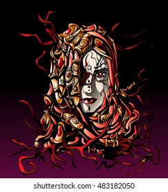 a witch with roots instead of hair