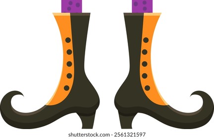 Witch s boots with curled toes, black with orange stripes and purple socks, are ready for the halloween party, bringing a touch of magic and mystery to the celebration