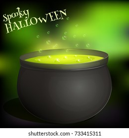 Witch s cauldron with boiling green potion for Halloween in cartoon style. Vector illustration. Holiday Collection.