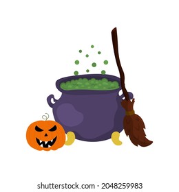 Witch s cauldron with bubbles, a broom and an ominous pumpkin on a white background. Boiling potion in a pot. Halloween party, holiday vibes. An attribute of Halloween.