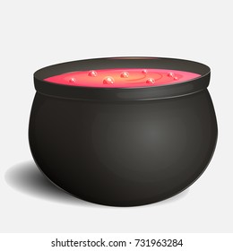 Witch s cauldron with pink potion for Halloween isolated on white background in cartoon style. Vector illustration. Holiday Collection.