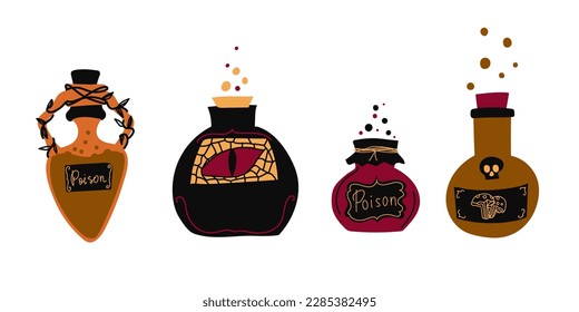 Witch s potion collection. Poison, drug, decoction. Magic bottled drinks. Cartoon style. Hand drawn vector illustration. Witch potion vial set. Happy Halloween