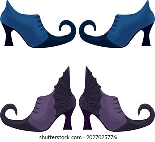 The witch s shoes are blue-black and purple with pointed toes. The witch s shoes, a symbol of Halloween. Vector illustration isolated on a white background