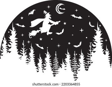 Witch Scene, Halloween Scene, Happy Halloween, Vector Illustration File