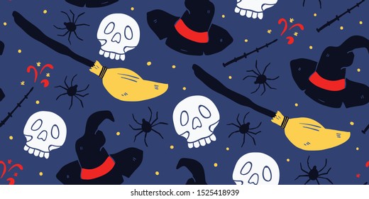 Witch seamless pattern. Different elements for witches at school of magic in doodle style on dark background - flying broom, witch hat, magic wand, skull, spider. Halloween pattern