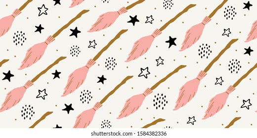 Witch seamless pattern. Elements for witches at school of magic in doodle style on dark background - pink flying broom, stars, polka dots for girls. Minimalistic halloween pattern on white background