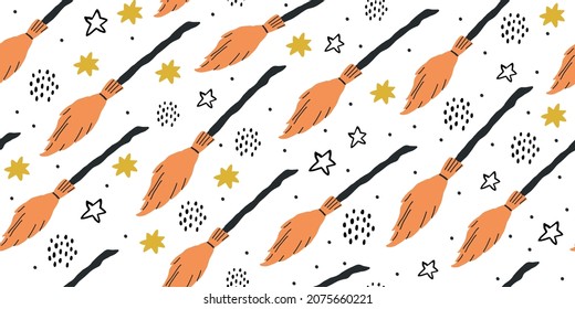 Witch seamless pattern. Elements for witches at school of magic in doodle style on white background - flying broom, stars, polka dots for kids. Minimalistic halloween pattern on white background