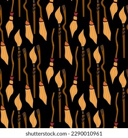 Witch seamless pattern. Elements for witches at school of magic in doodle style on dark background. Minimalistic halloween pattern.