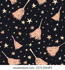 Witch seamless pattern. Elements for witches at school of magic in doodle style on dark background - pink flying broom, stars, polka dots for girls. Minimalistic halloween pattern on white background