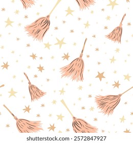 Witch seamless pattern. Elements for witches at school of magic in doodle style on dark background - pink flying broom, stars, polka dots for girls. Minimalistic halloween pattern on white background