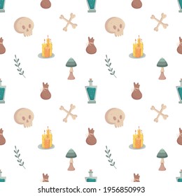 Witch seamless pattern with esoteric mystic elements. Witchcraft supply - mushroom, cross bone, skull, bag and candle, branch