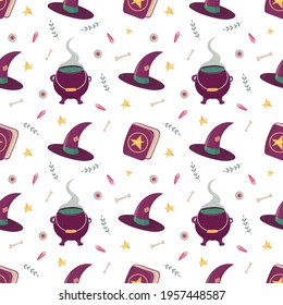 Witch seamless pattern with esoteric mystic elements. Witchcraft supply - cauldron with poison, hat, spell book with pentagram, pink crystal, bone and branch