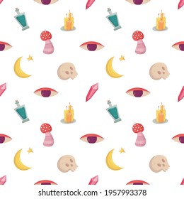 Witch seamless pattern with esoteric mystic elements. Witchcraft supply - mushroom, eye, candle and skull, bottle of green poison