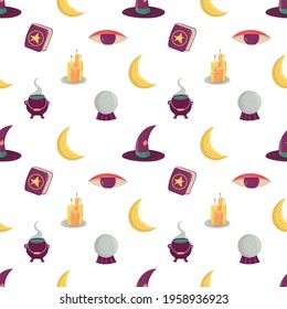 Witch seamless pattern with esoteric mystic elements. Witchcraft supply - cauldron, hat, moon and candle, spell book, eye