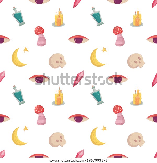 Witch seamless pattern with esoteric mystic\
elements. Witchcraft supply - mushroom, eye, candle and skull,\
bottle of green poison