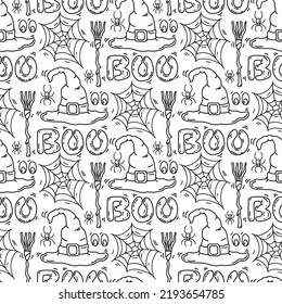 Witch seamless pattern with hat, broom and spider. 