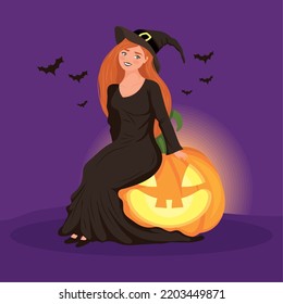witch seated in pumpkin scene