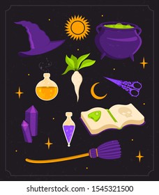 Witch set. Cauldron with potion,  crystals, magic book, broom, and bottles of potion. Halloween holiday. Flat vector illustration.