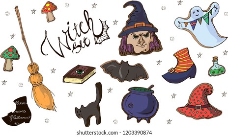 Witch set. Gingerbread for a Halloween in the form of funny characters. Vector in color.