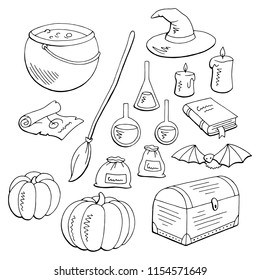Witch set graphic black white isolated sketch illustration vector