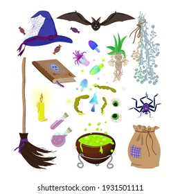 Witch set for Halloween decoration. Fantastic and mystical items for design, greeting cards and children's holiday. Vector illustration isolated on a white background.