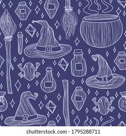 Witch set Halloween vector seamless pattern design hand-drawn doodle style. Wizard set - fabric, wrapping, textile, wallpaper, apparel design.