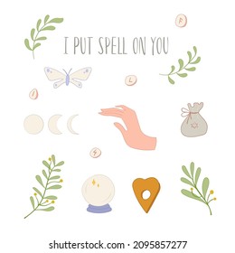 Witch set with hands, herbs, moth and ball